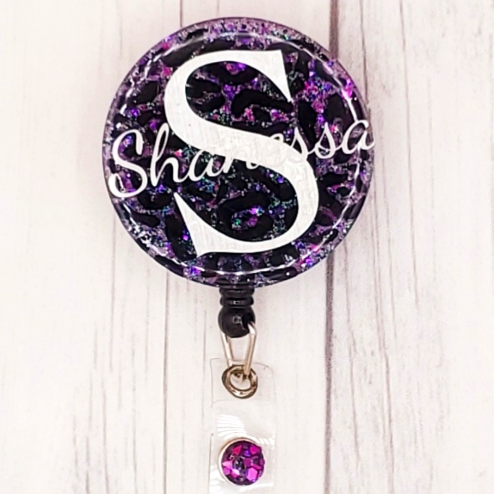 2" Round Acrylic Purple Glitter with Cheetah Print Name Badge - Shanessa